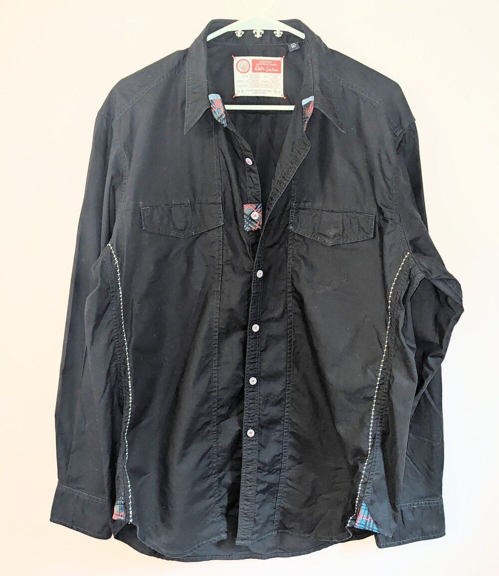 Robert Graham Men's L Black Button Down Shirt Contrast Trim Embroidered Details